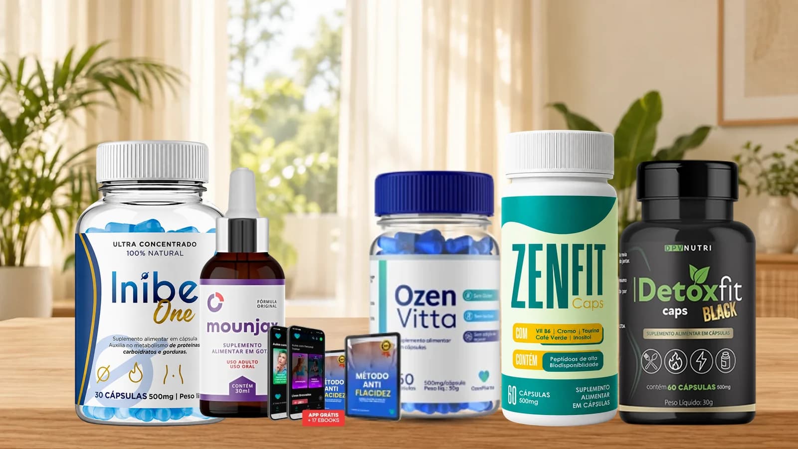 Os cinco produtos do ranking: Inibe One, Mounjax, Ozen Vitta, ZenFIT Caps e Detox Fit Caps Black